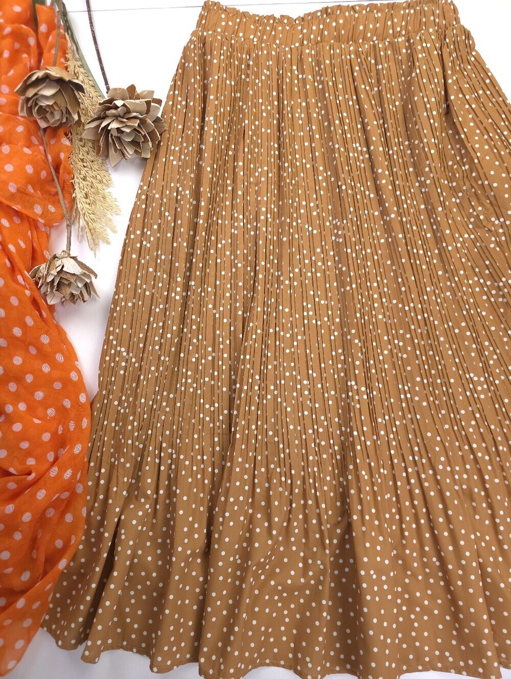 Pleated Polka Dot Midi Skirt - Brown Sz M - Picture 2 of 13